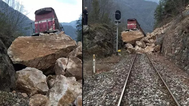 Demiryolunda heyelan: Yük treni raydan çıktı!